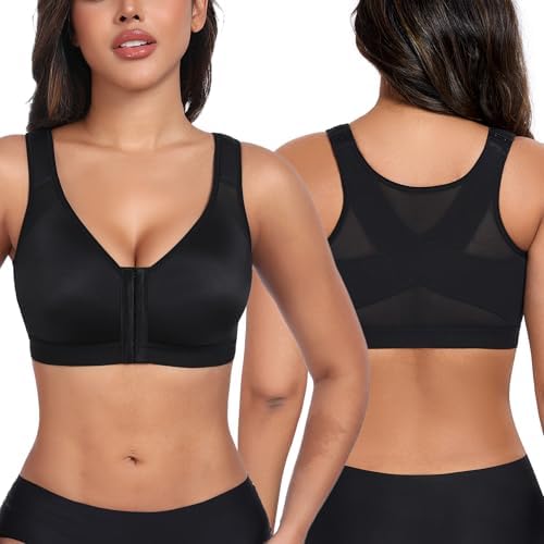 Women Front Closure Posture Bra Full Coverage Back Support in Black