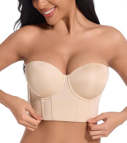 Women's Longline Strapless Bra Bustier Underwire Corset in Beige