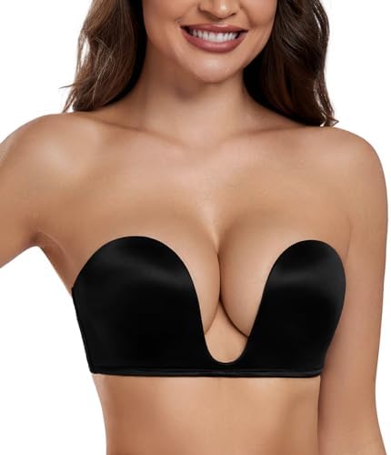 Women's Plunge Deep U Strapless Bra Push Up in Black
