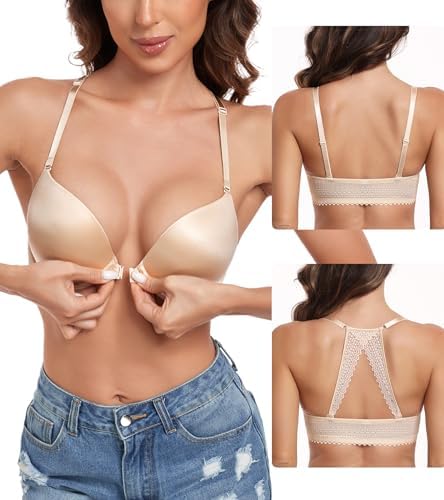 Women's Plunge V Push Up Bra Front Closure Racerback in Beige