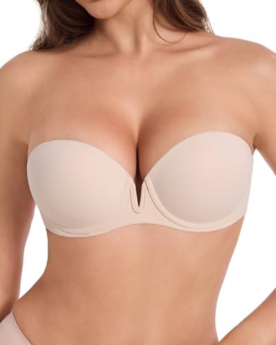Women's Strapless Push Up Bra Plunge V Underwire in Beige