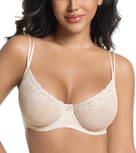 Women's Unlined See Through Lace Bra Balconette in Beige