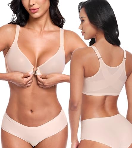 Womens's Posture Bra Front Closure Deep V Unlined Mesh in Beige